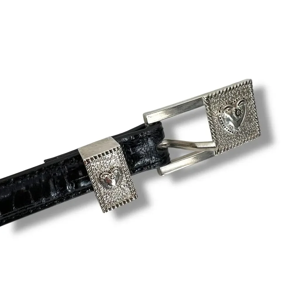 Black Leather Belt With Silver Floral Hearts Motif Buckle Western Goth Preppy